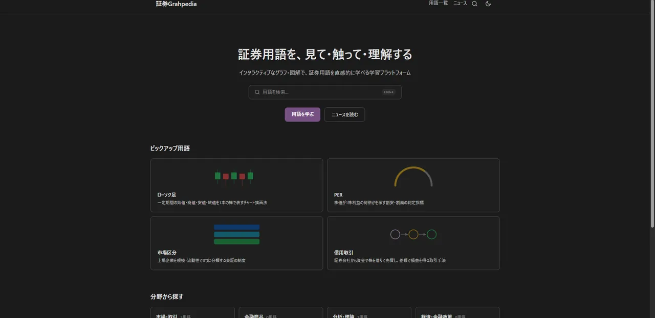 Grahpedia のデスクトップホーム画面。「証券用語を、見て・触って・理解する」のヒーローと、ピックアップ用語タイル (ローソク足 / PER / 市場区分 / 信用取引) を表示。
